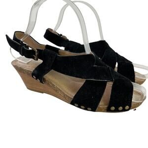 Adam Tucker Me Too Tarin 14 Womens Suede Black Leather Wedge Sandals Shoes sz 7